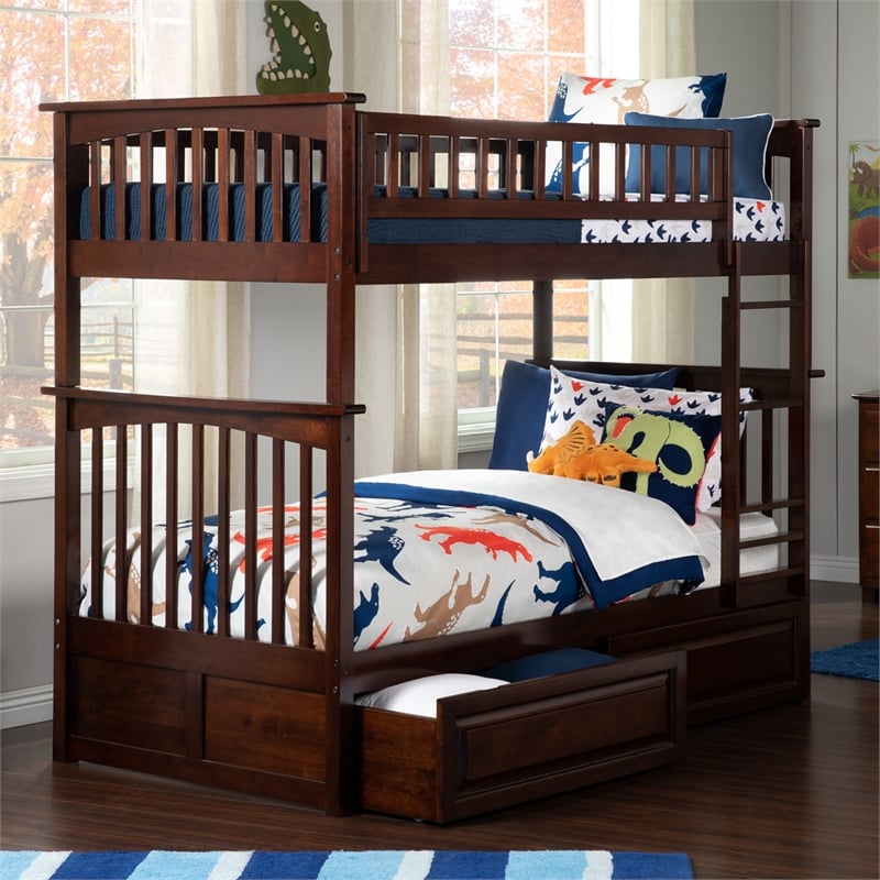AFI Columbia Twin Over Twin Solid Wood Bunk Bed with 2 Storage Drawers in Walnut