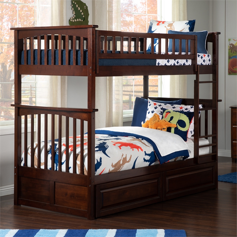 AFI Columbia Twin Over Twin Solid Wood Bunk Bed with 2 Storage Drawers in Walnut