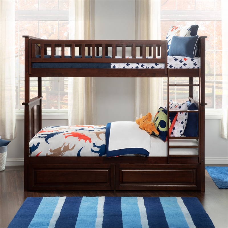 AFI Columbia Twin Over Twin Solid Wood Bunk Bed with 2 Storage Drawers in Walnut