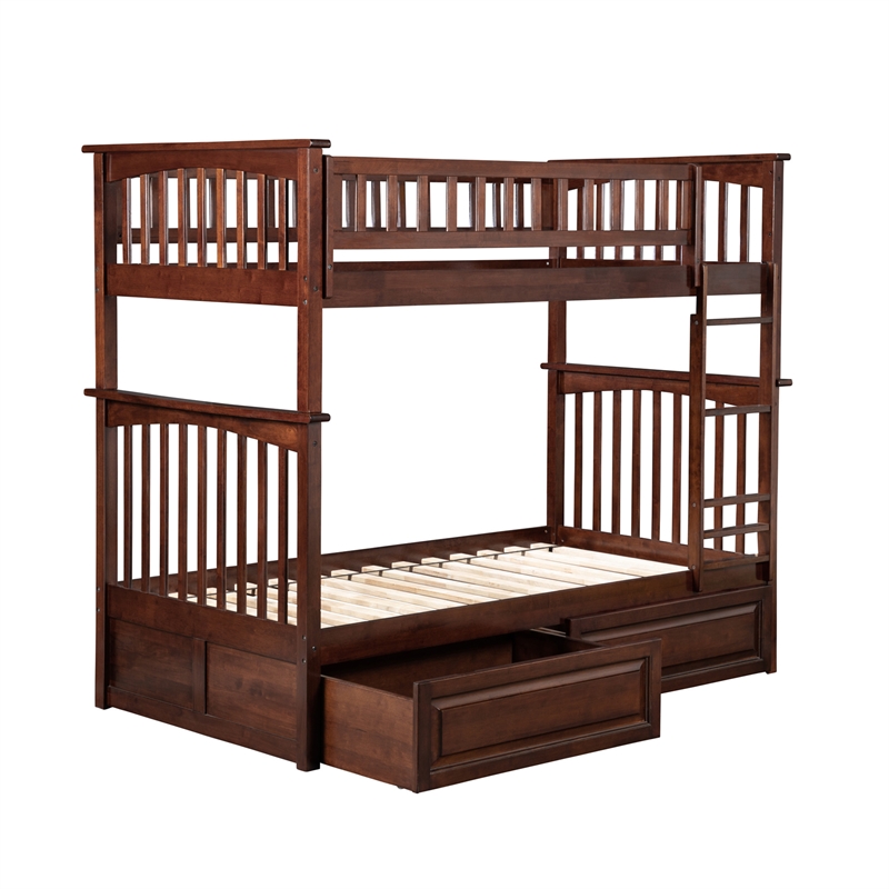AFI Columbia Twin Over Twin Solid Wood Bunk Bed with 2 Storage Drawers in Walnut
