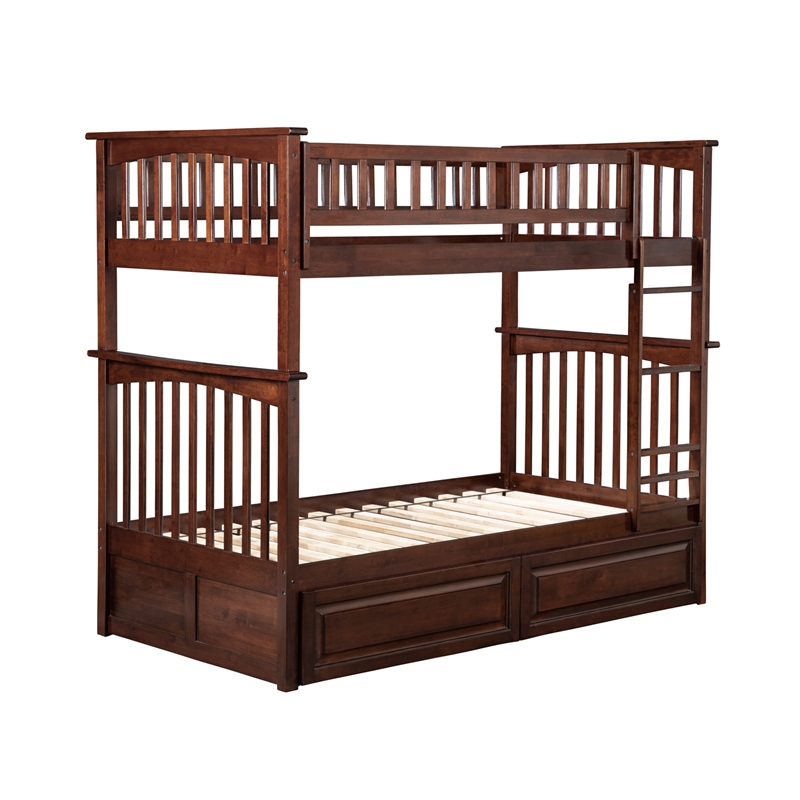 AFI Columbia Twin Over Twin Solid Wood Bunk Bed with 2 Storage Drawers in Walnut