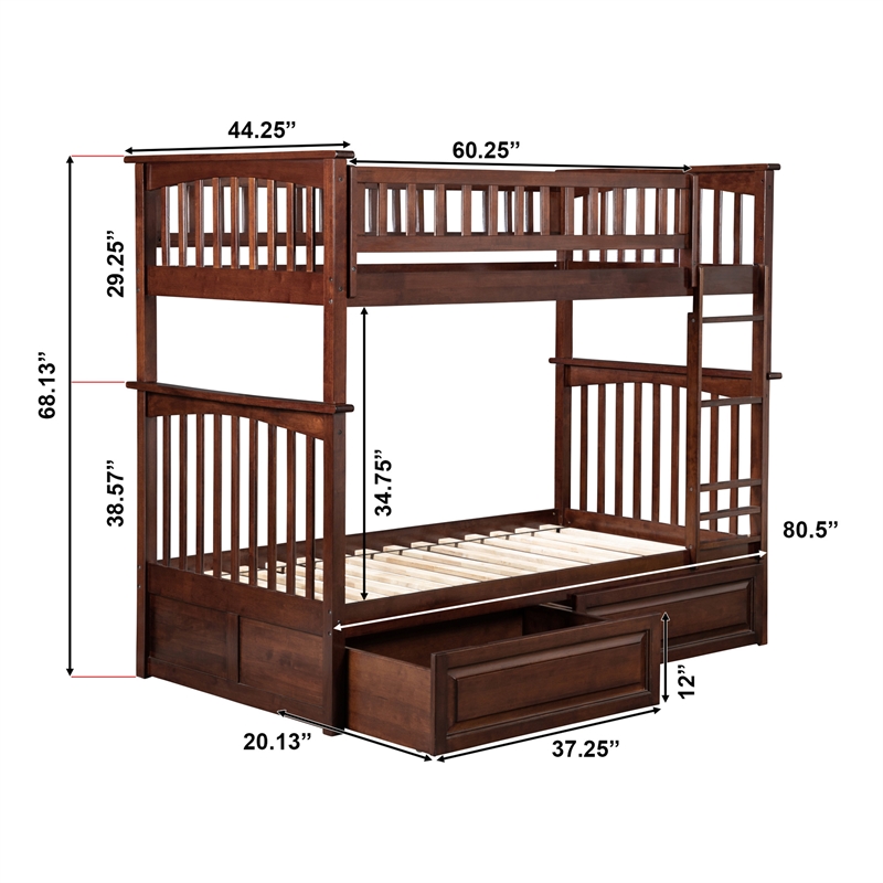 AFI Columbia Twin Over Twin Solid Wood Bunk Bed with 2 Storage Drawers in Walnut