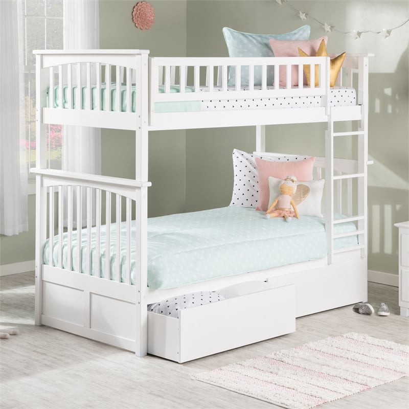 AFI Columbia Twin Over Twin Solid Wood Bunk Bed with 2 Storage Drawers in White