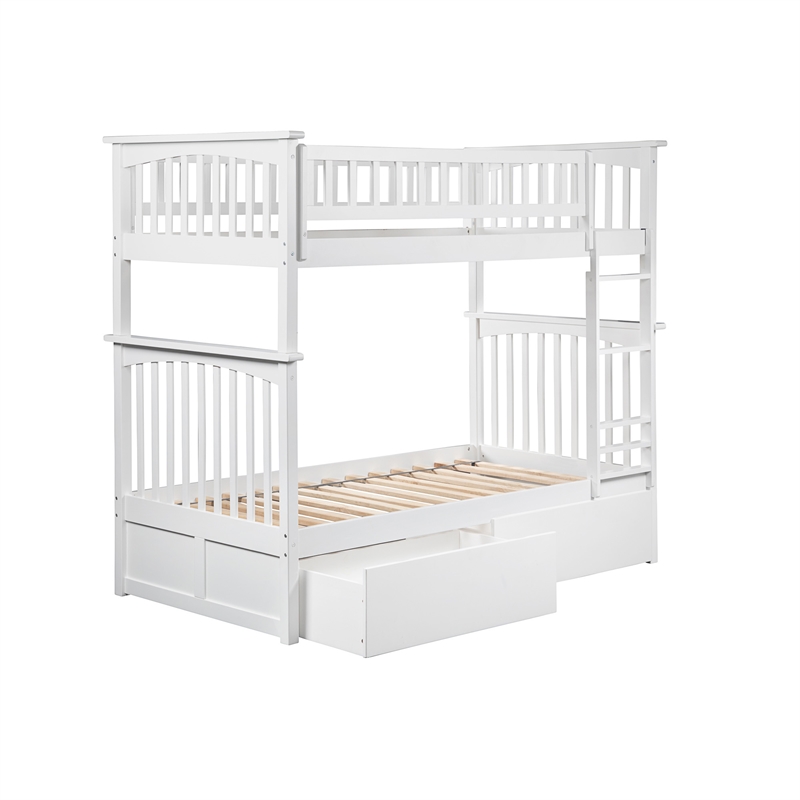 AFI Columbia Twin Over Twin Solid Wood Bunk Bed with 2 Storage Drawers in White
