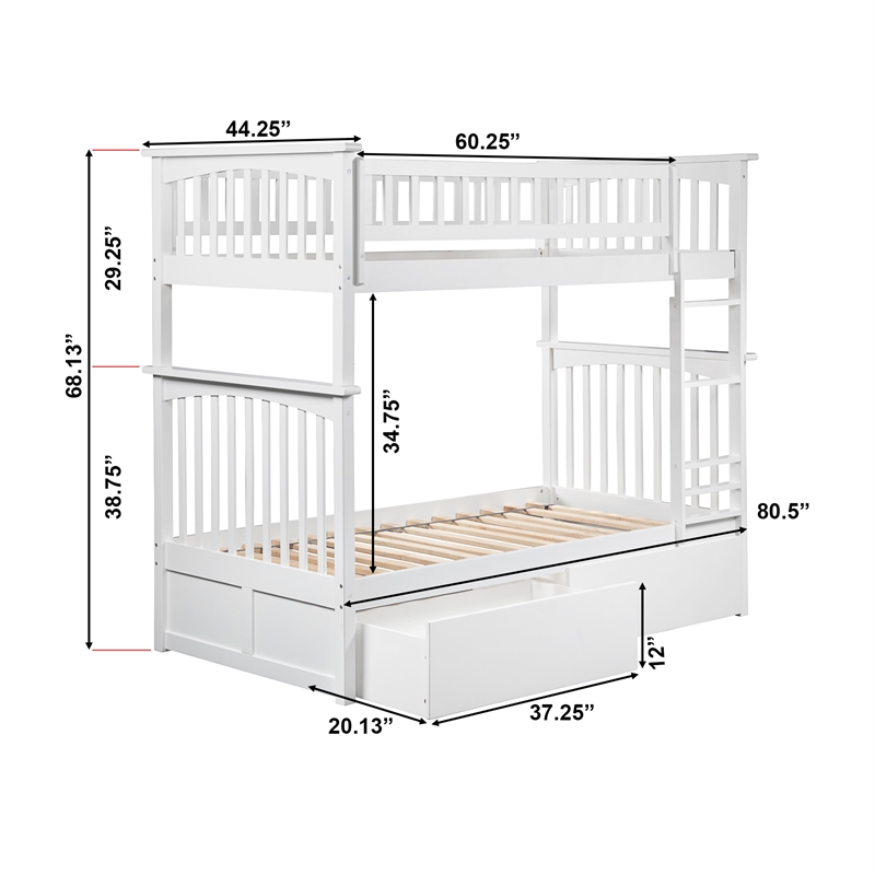 AFI Columbia Twin Over Twin Solid Wood Bunk Bed with 2 Storage Drawers in White