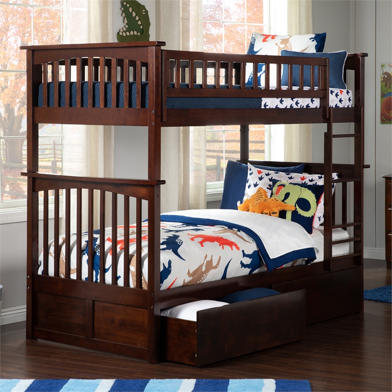 AFI Columbia Twin Over Twin Solid Wood Bunk Bed with 2 Storage Drawers in Walnut