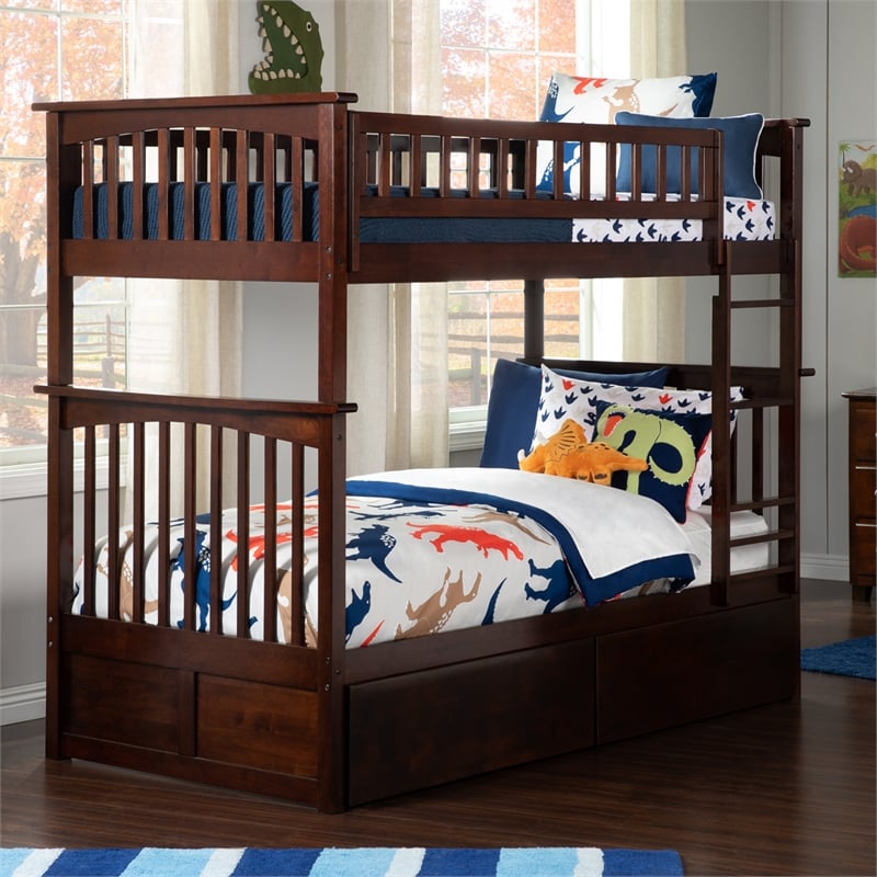 AFI Columbia Twin Over Twin Solid Wood Bunk Bed with 2 Storage Drawers in Walnut