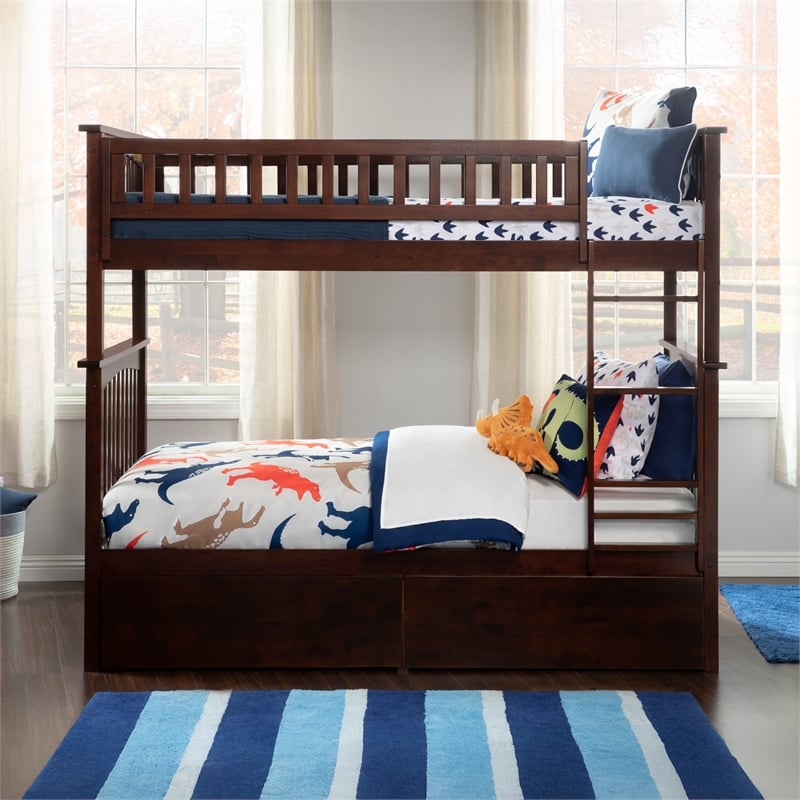 AFI Columbia Twin Over Twin Solid Wood Bunk Bed with 2 Storage Drawers in Walnut