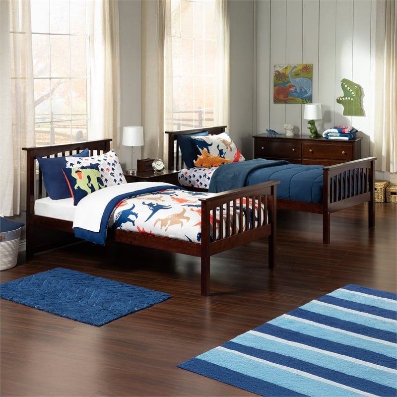 AFI Columbia Twin Over Twin Solid Wood Bunk Bed with 2 Storage Drawers in Walnut