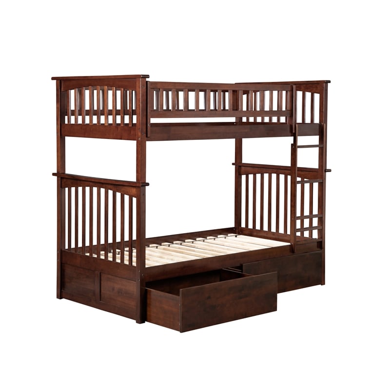 AFI Columbia Twin Over Twin Solid Wood Bunk Bed with 2 Storage Drawers in Walnut