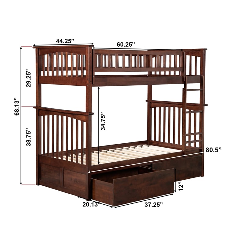AFI Columbia Twin Over Twin Solid Wood Bunk Bed with 2 Storage Drawers in Walnut