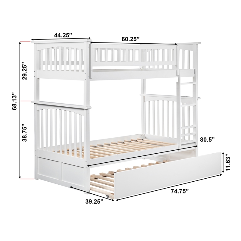 AFI Columbia Twin over Twin Solid Wood Bunk Bed with Trundle in White
