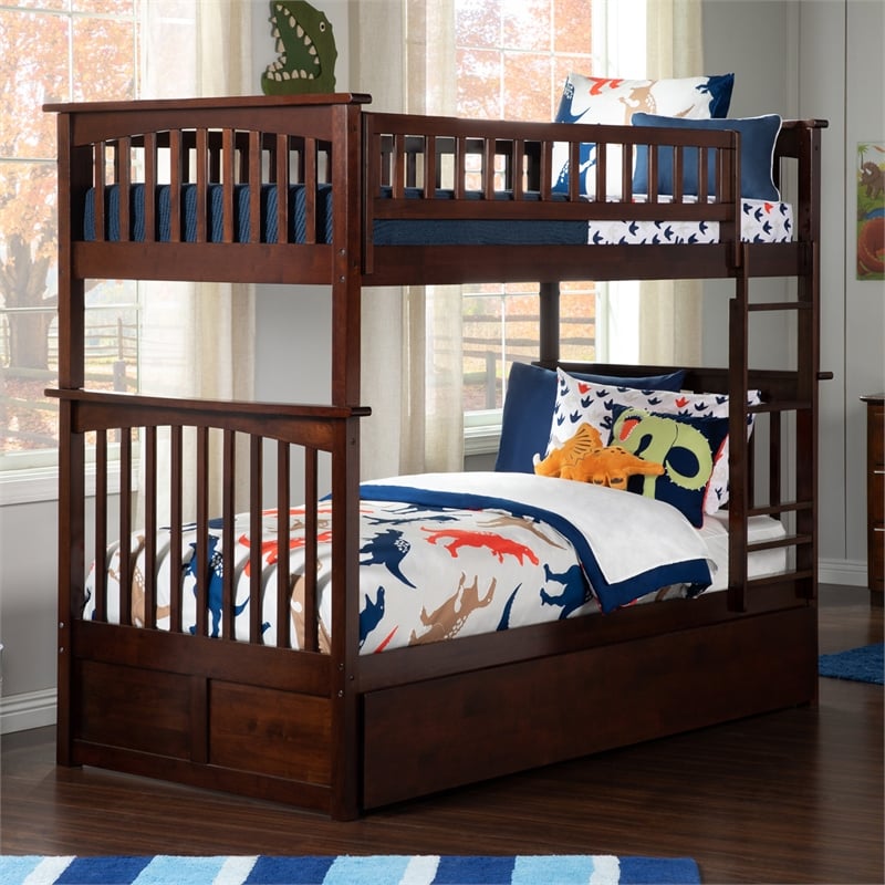 AFI Columbia Twin over Twin Solid Wood Bunk Bed with Trundle in Walnut
