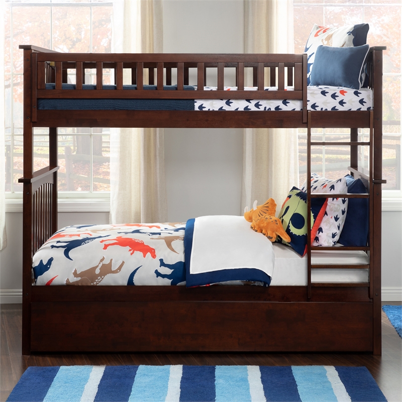 AFI Columbia Twin over Twin Solid Wood Bunk Bed with Trundle in Walnut