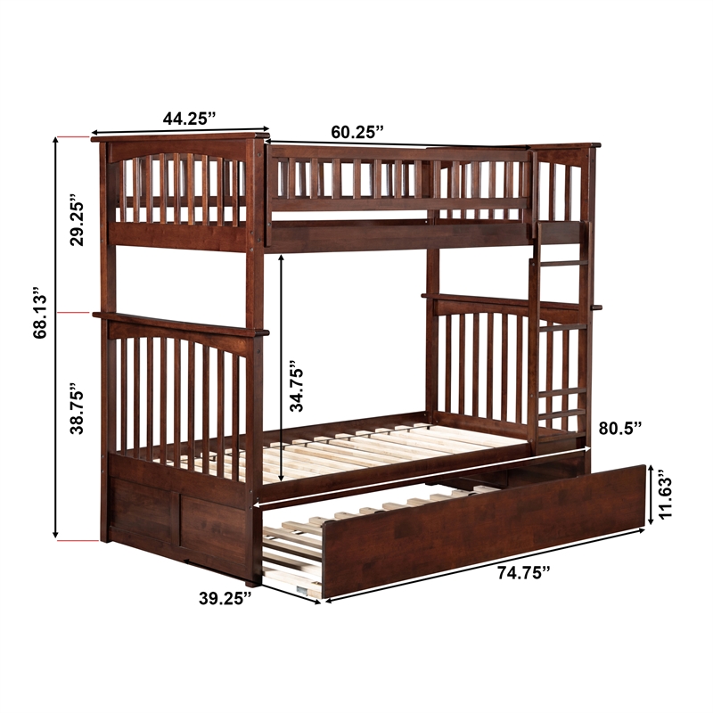 AFI Columbia Twin over Twin Solid Wood Bunk Bed with Trundle in Walnut