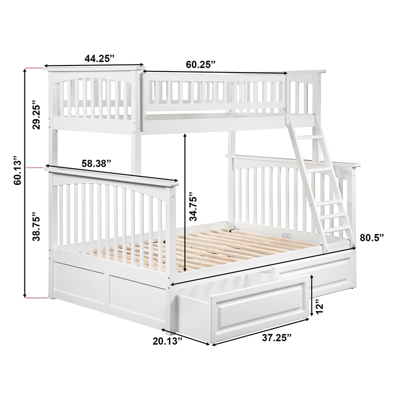AFI Columbia Twin Over Full Solid Wood Bunk Bed with 2 Storage Drawers in White