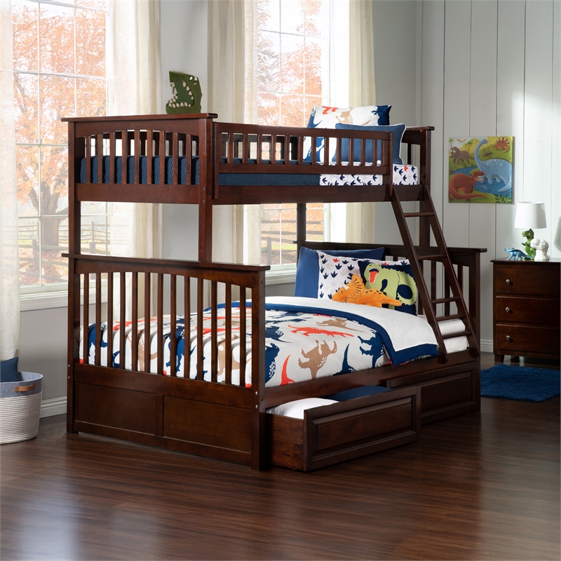 AFI Columbia Twin Over Full Solid Wood Bunk Bed with 2 Storage Drawers in Walnut