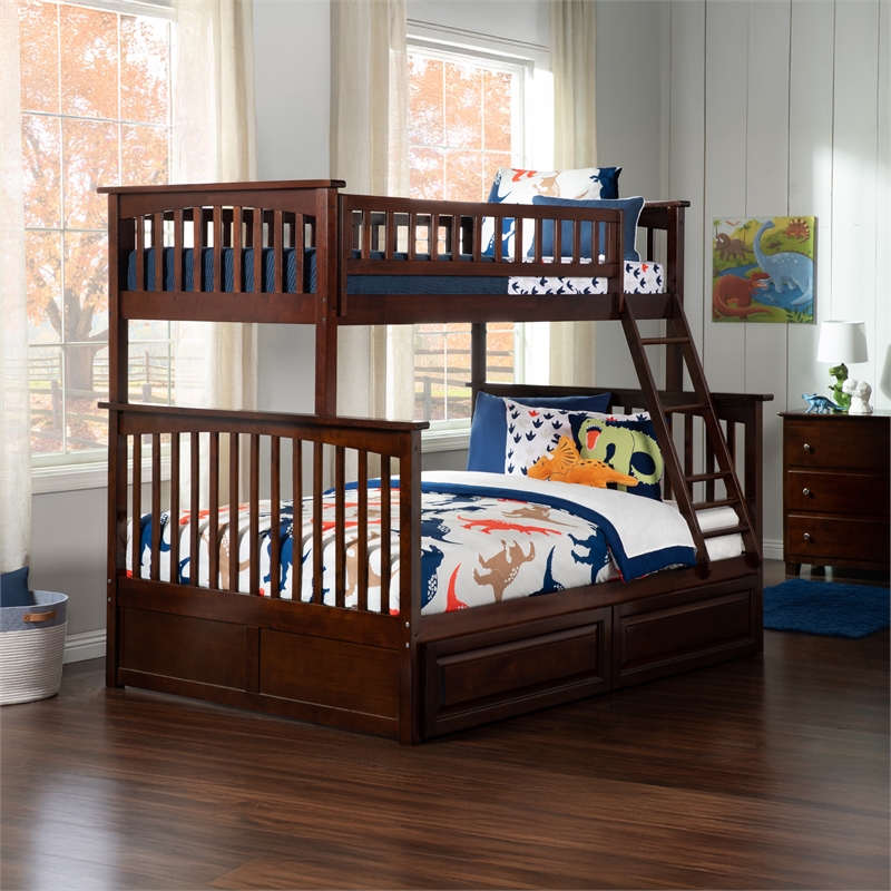 AFI Columbia Twin Over Full Solid Wood Bunk Bed with 2 Storage Drawers in Walnut
