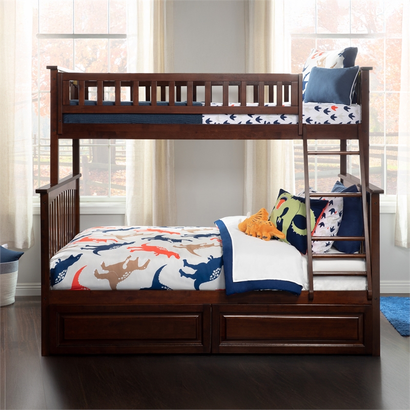 AFI Columbia Twin Over Full Solid Wood Bunk Bed with 2 Storage Drawers in Walnut