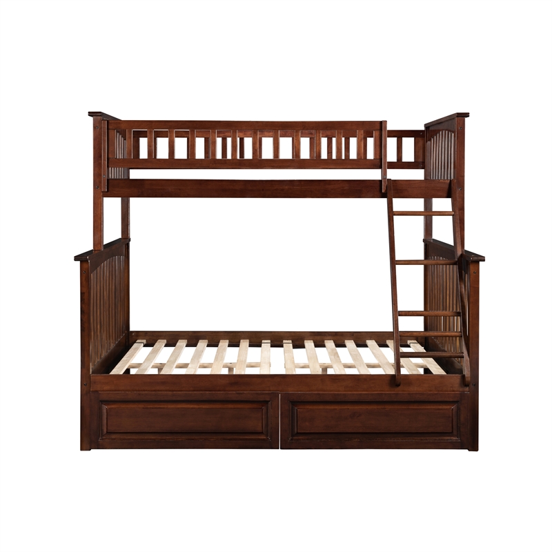 AFI Columbia Twin Over Full Solid Wood Bunk Bed with 2 Storage Drawers in Walnut