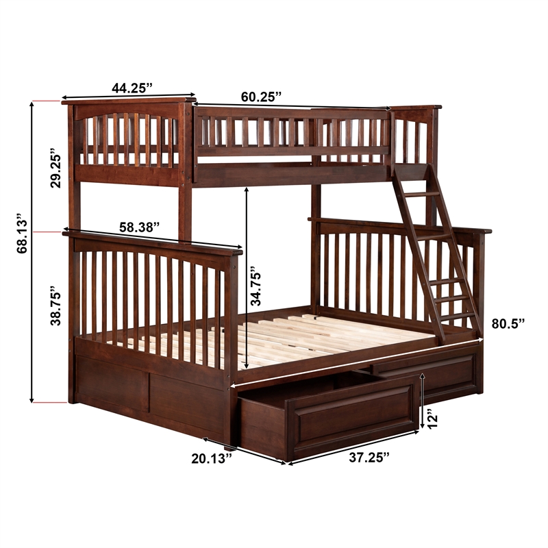 AFI Columbia Twin Over Full Solid Wood Bunk Bed with 2 Storage Drawers in Walnut