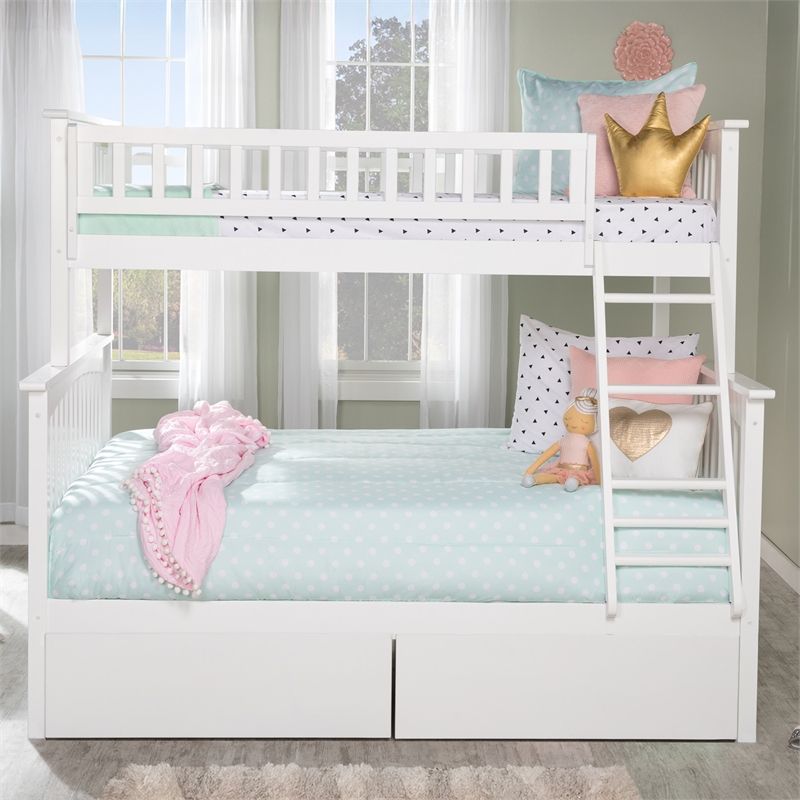 AFI Columbia Twin Over Full Solid Wood Bunk Bed with 2 Storage Drawers in White
