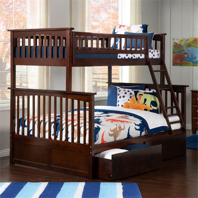AFI Columbia Twin Over Full Solid Wood Bunk Bed with 2 Storage Drawers in Walnut