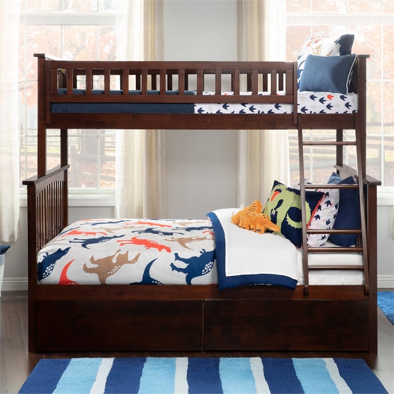 AFI Columbia Twin Over Full Solid Wood Bunk Bed with 2 Storage Drawers in Walnut
