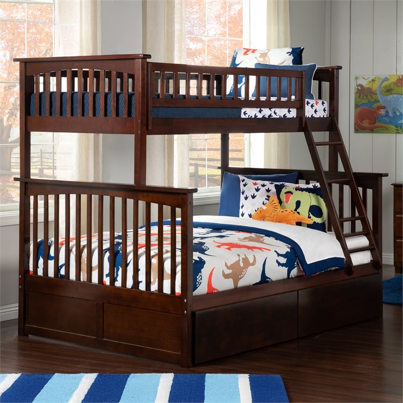 AFI Columbia Twin Over Full Solid Wood Bunk Bed with 2 Storage Drawers in Walnut