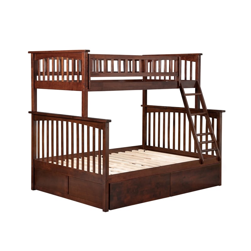 AFI Columbia Twin Over Full Solid Wood Bunk Bed with 2 Storage Drawers in Walnut