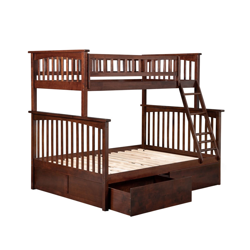 AFI Columbia Twin Over Full Solid Wood Bunk Bed with 2 Storage Drawers in Walnut