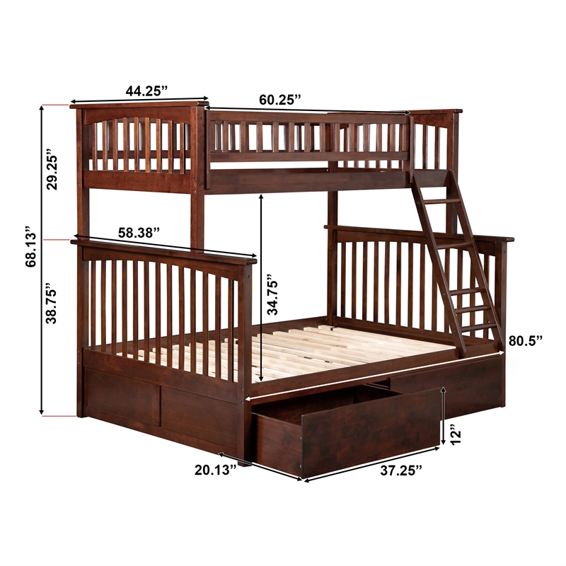 AFI Columbia Twin Over Full Solid Wood Bunk Bed with 2 Storage Drawers in Walnut