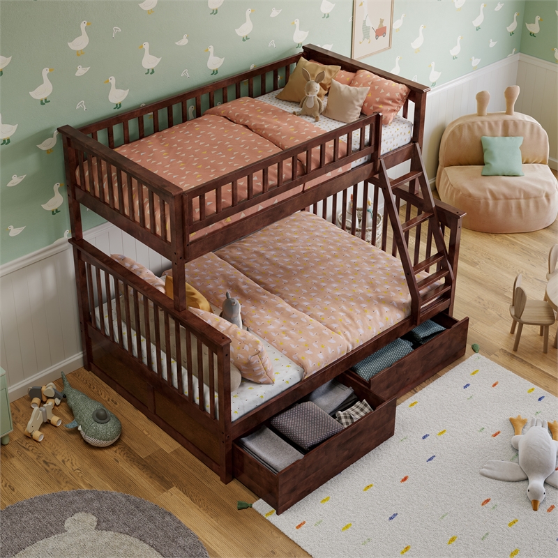 AFI Columbia Twin Over Full Solid Wood Bunk Bed with 2 Storage Drawers in Walnut