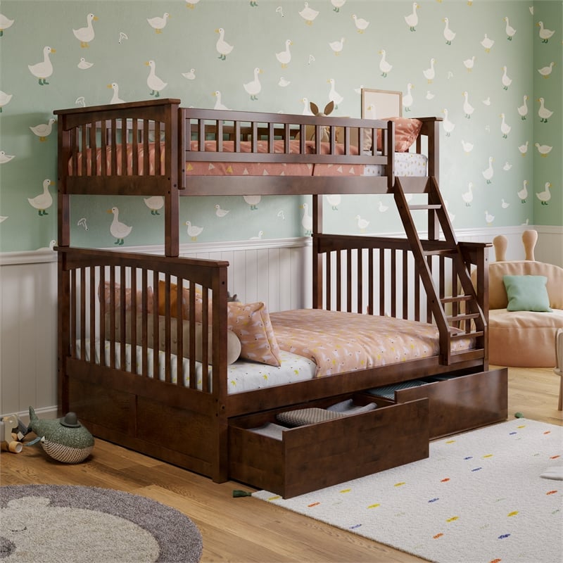 AFI Columbia Twin Over Full Solid Wood Bunk Bed with 2 Storage Drawers in Walnut