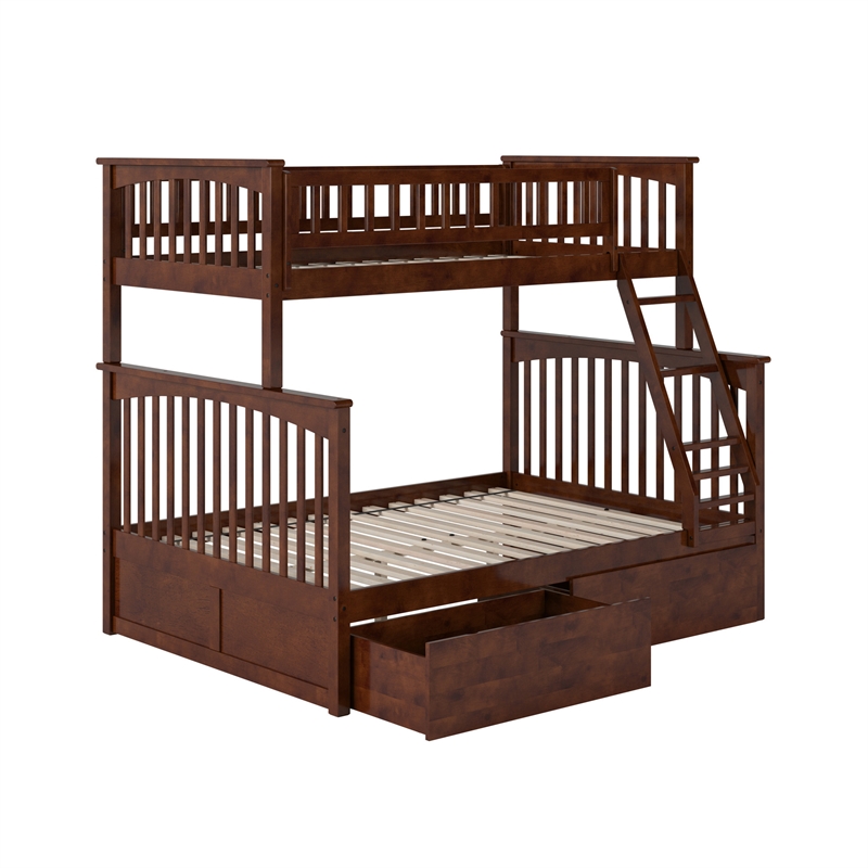 AFI Columbia Twin Over Full Solid Wood Bunk Bed with 2 Storage Drawers in Walnut