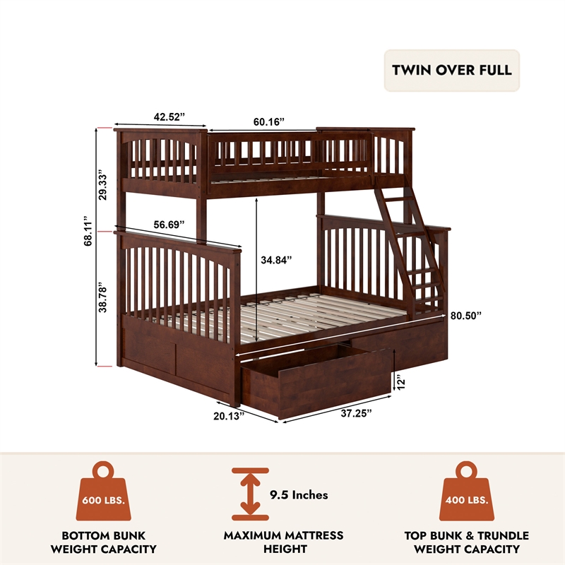 AFI Columbia Twin Over Full Solid Wood Bunk Bed with 2 Storage Drawers in Walnut