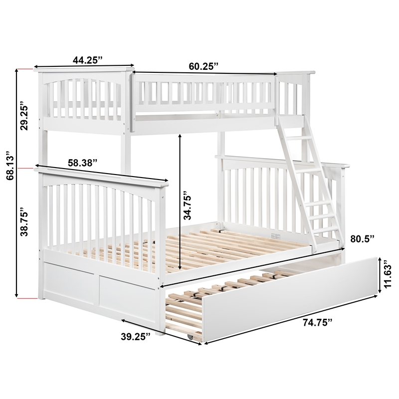 AFI Columbia Twin over Full Solid Wood Bunk Bed with Trundle in White