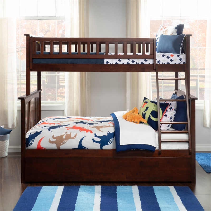 AFI Columbia Twin over Full Solid Wood Bunk Bed with Trundle in Walnut