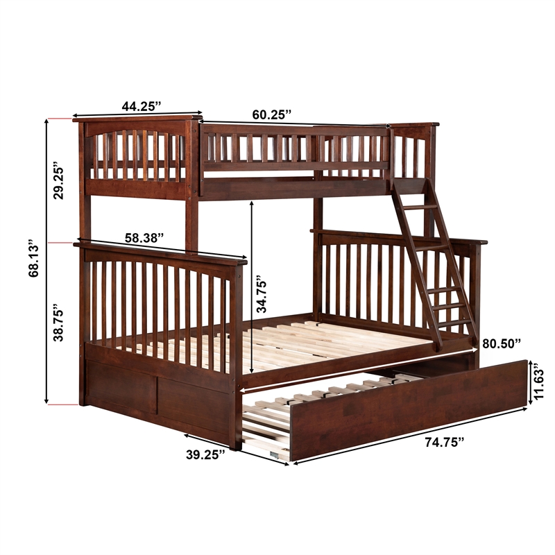 AFI Columbia Twin over Full Solid Wood Bunk Bed with Trundle in Walnut