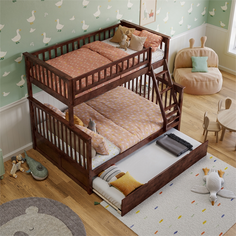 AFI Columbia Twin over Full Solid Wood Bunk Bed with Trundle in Walnut