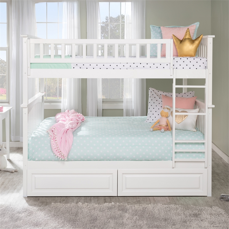 AFI Columbia Twin Over Full Solid Wood Bunk Bed with 2 Storage Drawers in White