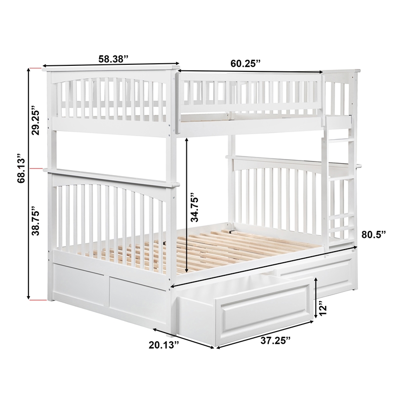 AFI Columbia Twin Over Full Solid Wood Bunk Bed with 2 Storage Drawers in White