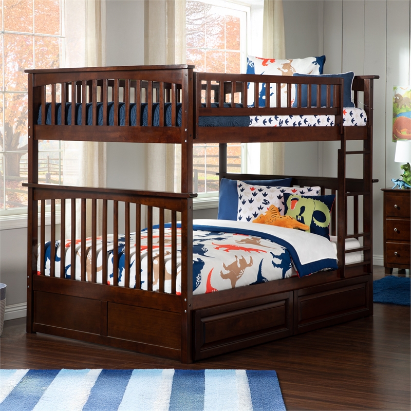 AFI Columbia Twin Over Full Solid Wood Bunk Bed with 2 Storage Drawers in Walnut