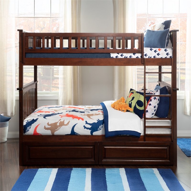 AFI Columbia Twin Over Full Solid Wood Bunk Bed with 2 Storage Drawers in Walnut