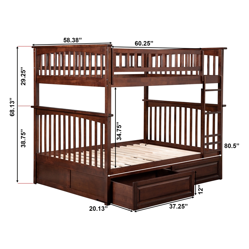 AFI Columbia Twin Over Full Solid Wood Bunk Bed with 2 Storage Drawers in Walnut