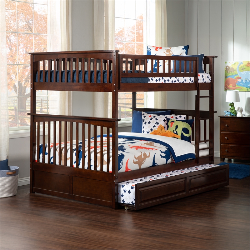 AFI Columbia Full Over Full Solid Wood Bunk Bed with Trundle in Walnut
