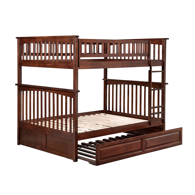 AFI Columbia Full Over Full Solid Wood Bunk Bed with Trundle in Walnut