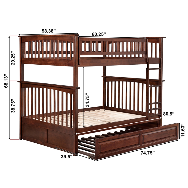 AFI Columbia Full Over Full Solid Wood Bunk Bed with Trundle in Walnut