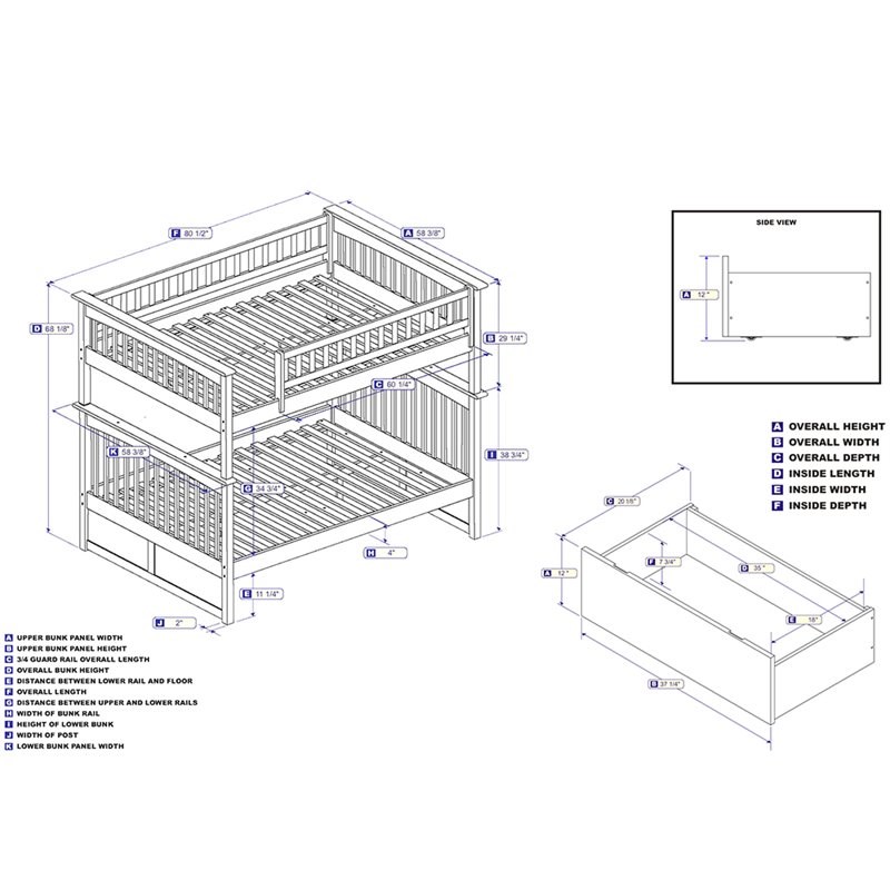 AFI Columbia Full Over Full Solid Wood Bunk Bed with 2 Storage Drawers in White