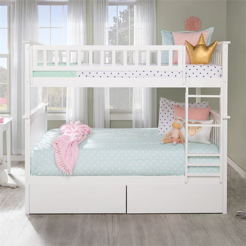AFI Columbia Full Over Full Solid Wood Bunk Bed with 2 Storage Drawers in White
